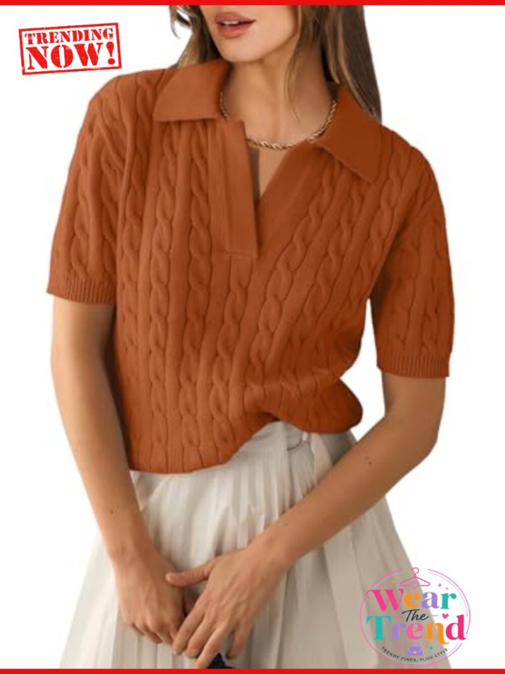 Womens Short Sleeve Cable Knit Polo Sweater Summer Fall Crop Top V-Neck Loose